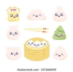 Dim sum - clipart set. Collection of kawaii drawings with cute dumplings. Vector cartoon illustration