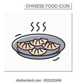 Dim sum color icon. Tasty steaming hot Chinese dimsum dumplings or baozi steamed buns plate. Concept of traditional Asian cuisine recipe and cookbook illustration. Isolated vector illustration