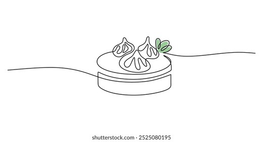 Dim sum continuous one line drawing. Traditional asian food sets in bamboo steamer baskets. Steamed dumplings concept. Vector illustration minimalist background.