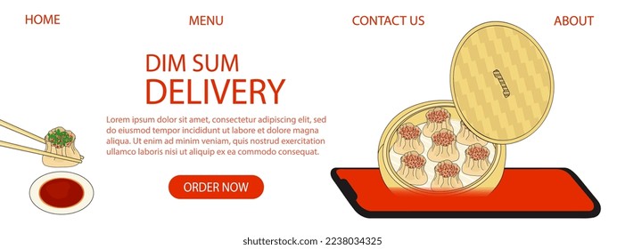 Dim sum delivery landing page template vector illustration. Steamed dumplings in bamboo steamer on smartphone's screen and one in chopsticks, soy sauce. Asian food banner