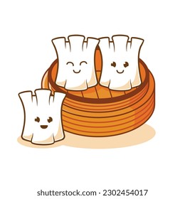 Dim sum Dumpling cute cartoon character with various smile expression face in top of bamboo container flat art Illustration free editable