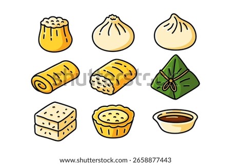 Dim sum dumpling food colorful cartoon icon set. Asian snack illustration pack. Chinese dumpling and dessert vibrant icon collection. Traditional snack element design. Vector Illustration