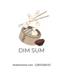 Dim Sum Dumpling Money Bag Illustration Logo auf einem Bambusdampfträger