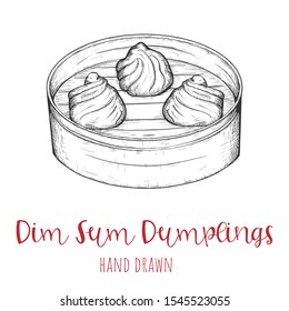 Dim Sum dumplings chinese dish, hand drawn vector illustration, isolated sketched design.