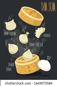 Dim Sum Dumplings. Chinesisches traditionelles Essen. Vektorillustration