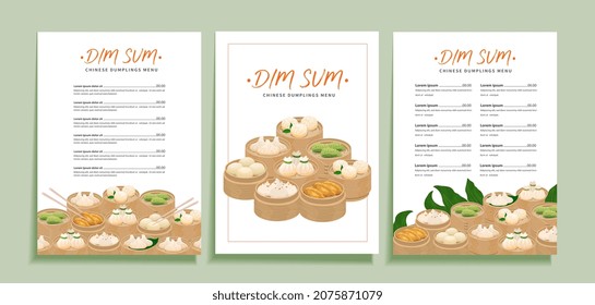 Dim sum dumplings menu template set for chinese cuisine restaurant. Vector design of menu layout with illustrations of asian traditional dumplings dimsum momo, baozi with space for text and price.