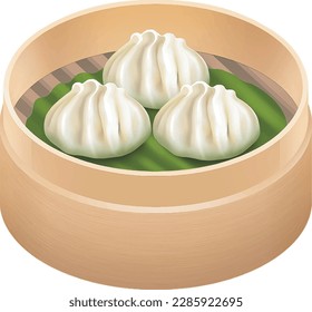 Dim sum dumplings in the wooden steamer, dim sam, oil paint style, digital paint, on white background. Asian cuisine, Japanese food, casual food hand drawn digital illustration.