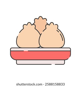 Dim Sum, Flat Design. A plate of traditional dumplings, suitable for Chinese cuisine visuals, food packaging, or digital restaurant menus.