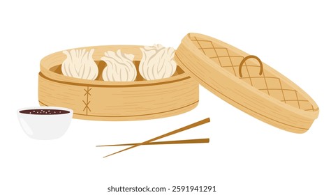 Dim sum food in a bamboo steamer basket. Steamed dumplings template isolated on white. Asian traditional cuisine. Xiaolongbao, steaming pot, soy sauce, chopsticks vector illustration 