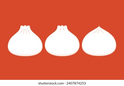 Juegos de comida de poca monta. Plantilla de banner de bolas al vapor aisladas en rojo. Cocina asiática tradicional. Ilustración vectorial en estilo plano de caricatura. Comida china.