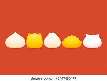 Dim sum food sets. Steamed dumplings banner template isolated on red. Asian traditional cuisine. Vector illustration in cartoon flat style. Chinese food.