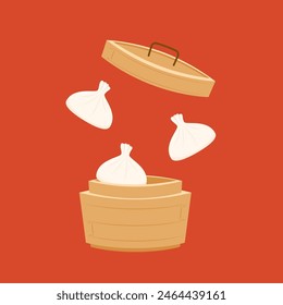 Dim sum food sets. Steamed dumplings banner template isolated on red. Asian traditional cuisine. Vector illustration in cartoon flat style. Chinese food.