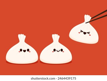 Dim sum food sets. Steamed dumplings banner template isolated on red. Asian traditional cuisine. Vector illustration in cartoon flat style. Chinese food.