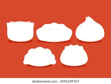 Dim sum Nahrungssets. GEDÜNSTETE Knödel Bannervorlage einzeln auf Rot. Traditionelle asiatische Küche. Vektorgrafik im Cartoon-Stil. Chinesisches Essen.