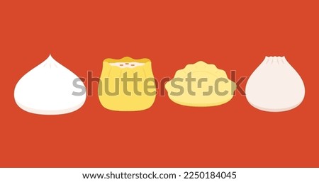 Dim sum food sets. Steamed dumplings banner template isolated on red. Asian traditional cuisine. Vector illustration in cartoon flat style. Chinese food.