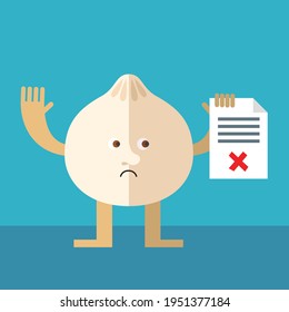 Dim sum holding checklist with X sign. Cartoon character with face. Flat style vector illustration on blue background.