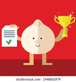 Dim sum holding winning trophy and check list. Cartoon character with face. Flat style vector illustration on red background.