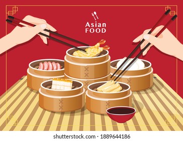 Dim sum illustration vector of Chinese food, Asian food Dim sum in Steamer