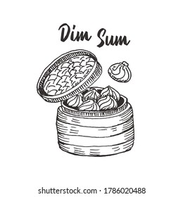 Dim sum - Japanese or Chinese meal, seafood food. Asian ciusine. Shrimp, Prawn Dumplings. Hand drawn vector illustration, lettering. Bamboo steamer.