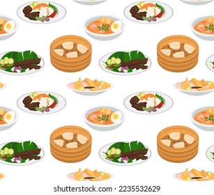 Dim Sum, Laksa, Sate, Royak, Nasi Kandar, Chuchur Pisang. Malaysian food. Vector seamless pattern svg
