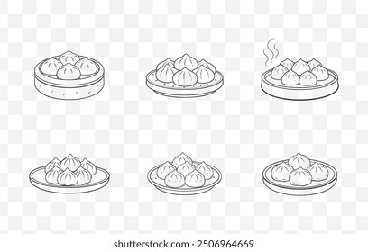 Dim Sum Line Art Vector Set Featuring a Variety of Traditional Chinese Dumplings and Steamed Dishes in Intricate Detail