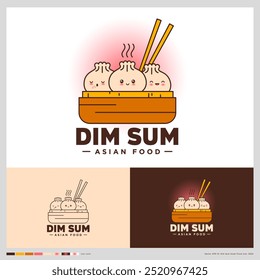 Dim Sum Logo. Chinese restaurant emblem. Three kawaii dumplings with different emotions in traditional serving with chopsticks.