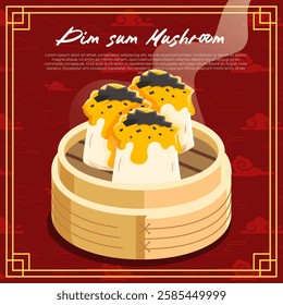 Dim sum Mentai in a bamboo steamer with a red cloud Chinese background vector illustration