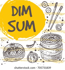 Dim sum menu concept design. Asian food. Chinese cuisine. Retro card. Hand drawn vector illustration. Can be used for street festival, farmers market, menu, cafe, restaurant, poster, banner, sticker.