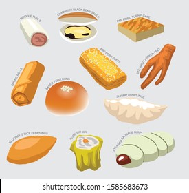 Dim Sum Menu Set Various Kind Identify Cartoon Vector