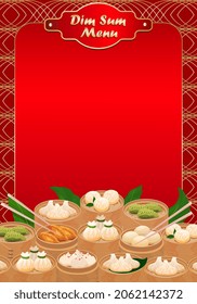 Dim Sum menu template page. Chinese dumplings menu restaurant template in traditional red style design. Dim Sum flyer. Various types of dimsum served in bamboo steamer baskets. Vector illustration