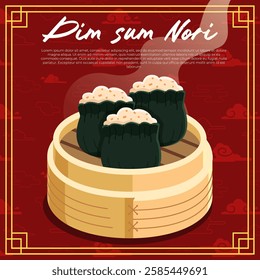 Dim sum Nori in a bamboo steamer with a red cloud Chinese background vector illustration