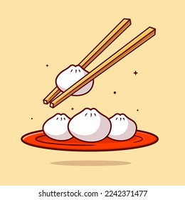 Dim Sum On Plate mit Chopstick Cartoon Vektorsymbol Illustration. Food-Objekt-Icon Konzept isoliert Premium-Vektorgrafik. Flachbildkartonstil