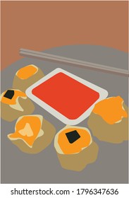 Dim sum on plates with chopsticks.(vector)