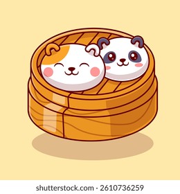 Dim Sum Panda And Cat Cartoon Vector Icon Illustration. Animal Food Icon Concept Isolated Premium Vector. Flat Cartoon Style