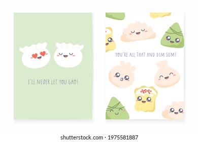 Dim sum - postcard design. Set of greeting cards with dumplings and hand-lettered funny  phrases. Vector kawaii design