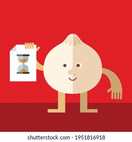 Dim sum with preloader icon. Cartoon character with face. Flat style vector illustration on red background.