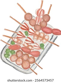 Dim sum satay meat ball sausage chinese cuisine hand drawn watercolor illustration clipart