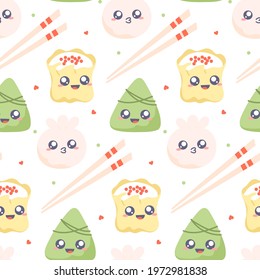 Dim sum - seamless pattern. Cute kawaii dumplings with chopsticks. Vector cartoon illustration