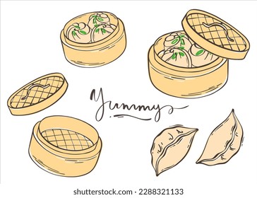 Dim sum sets in bamboo steamer baskets. Cooked dumpling banner template isolated on white. Asian traditional cuisine. Vector illustration in a flat style.