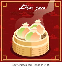 Dim sum Shrimp and Vegetable in a bamboo steamer with a red cloud Chinese background vector illustration