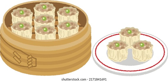 Dim sum of shumai Chinese food. If you like, add seasonings such as vinegar, soy sauce, and mustard to eat. The contents include minced pork, Chinese cabbage, shrimp, and crab meat.