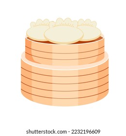 Dim sum, steamed dumplings with different fillings in wooden dishes. Asian food menu. Vector illustration