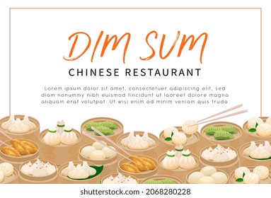 Dim Sum steamed dumplings restaurant flyer template, menu cover, banner, poster. Banner illustration with traditional Chinese steamed dumplings in bamboo baskets with space for text and title