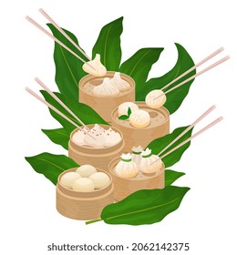 Juego de maniquíes al vapor Dim Sum. Ilustración vectorial de dim sum, baozi, mantou, momo, khinkali. Cocina asiática servida en cestas de vapor de bambú con palillos. Ilustración vectorial de los maniquíes asiáticos