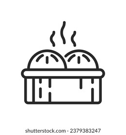 Dim Sum Steamer Icon. Vector Linear Illustration of Traditional Chinese Bamboo Steamer with Steamed Buns, Perfect for Asian Cuisine Illustration. Tasty South Eastern Street Food.