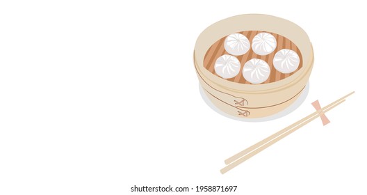 Dim sum in a steamer vector stock illustration. Chinese food in a bamboo steamer box. Banner with space for text. Steamed Bun and Shrimp Shumai. Toasted bao buns. Isolated on a white background.