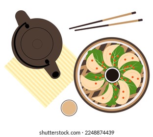Dim sum with tea. Set of Asian food. Chinese traditional dish. 