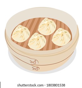 Dim sum, traditional Chinese dumplings, in bamboo steamer basket. Asian food vector illustration. Traditional Chinese dumplings. Taiwanese cuisine. Korean dumplings in a steamer