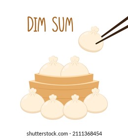 Dim sum, traditional Chinese dumplings, in bamboo steamer basket. Asian food vector illustration. Baozi or bao is Chinese food.