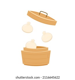 Dim sum, traditional Chinese dumplings, in bamboo steamer basket. Asian food vector illustration. Baozi or bao is Chinese food.